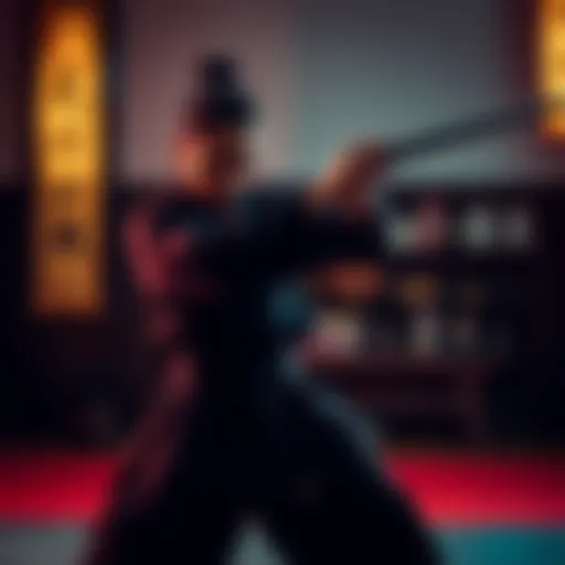 A person practicing katana stances in a dojo, focusing on balance and grip.