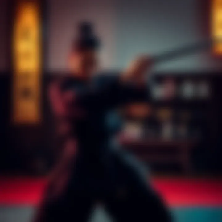 A person practicing katana stances in a dojo, focusing on balance and grip.