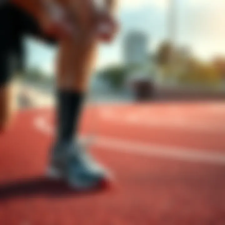 A beginner runner tying shoelaces while looking at a running track in preparation for their first marathon