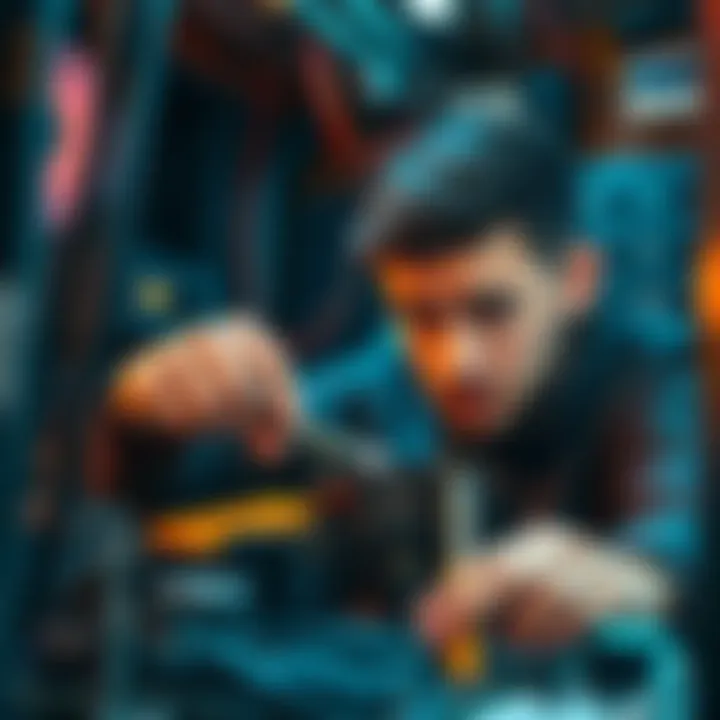 A person assembling a new CPU onto a motherboard, looking focused and slightly confused, with tools and components around them.