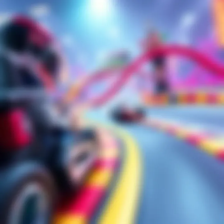 A player learning to race on a beginner Trackmania map, focusing on sharp turns with colorful tracks and vehicles.