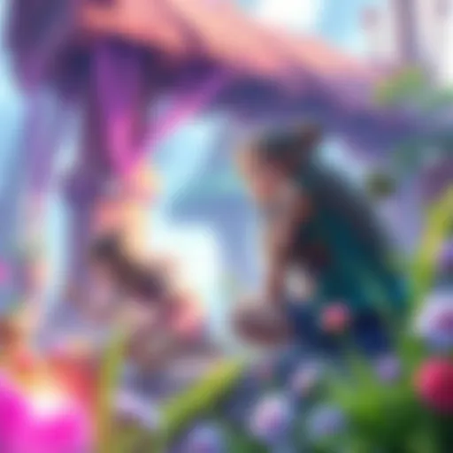 Colorful RPG game scene with female characters A vibrant RPG scene featuring young female characters exploring a fantasy world filled with adventures and friendly creatures