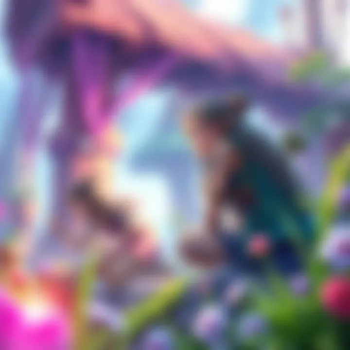 Colorful RPG game scene with female characters A vibrant RPG scene featuring young female characters exploring a fantasy world filled with adventures and friendly creatures