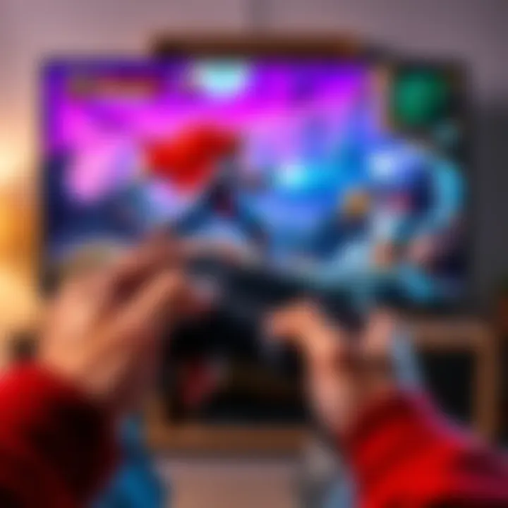 A gamer holding a controller, focused on a TV screen displaying a fantasy game with a knight character battling a monster.