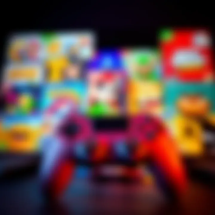 A group of colorful video games displayed with a controller, suitable for beginners.