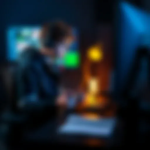 A beginner gamer sitting at a computer, focused on mastering game mechanics with a controller in hand and a guidebook beside them.