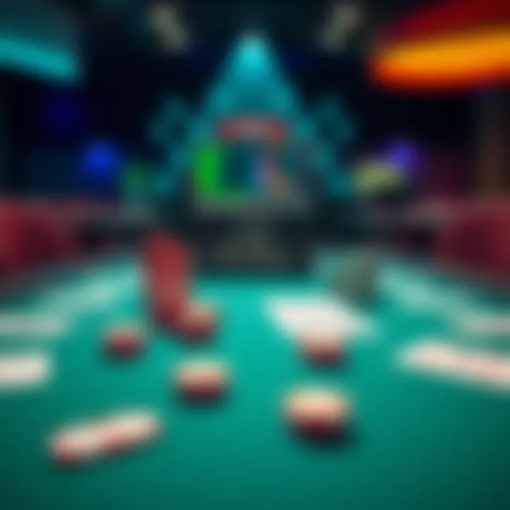 A gaming table set up with poker chips, a timer, and a cheat sheet for new players