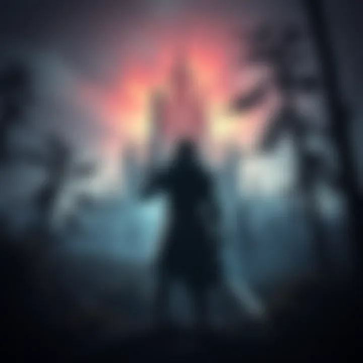 A newcomer holding a sword standing in a dimly lit forest, facing a looming castle in the distance