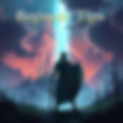 Beginner Tips for Elden Ring A beginner character preparing for a journey in Elden Ring, standing in a mystical landscape with a sword and shield, ready for adventure