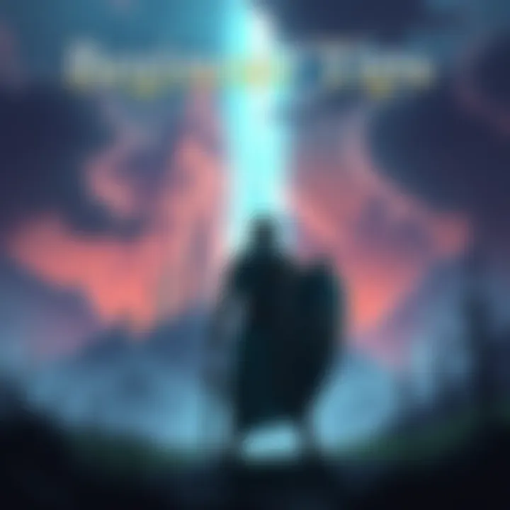 Beginner Tips for Elden Ring A beginner character preparing for a journey in Elden Ring, standing in a mystical landscape with a sword and shield, ready for adventure