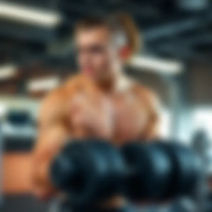 A beginner in workout gear struggles with weights in a gym setting, looking contemplative as they assess their progress after two months of training.