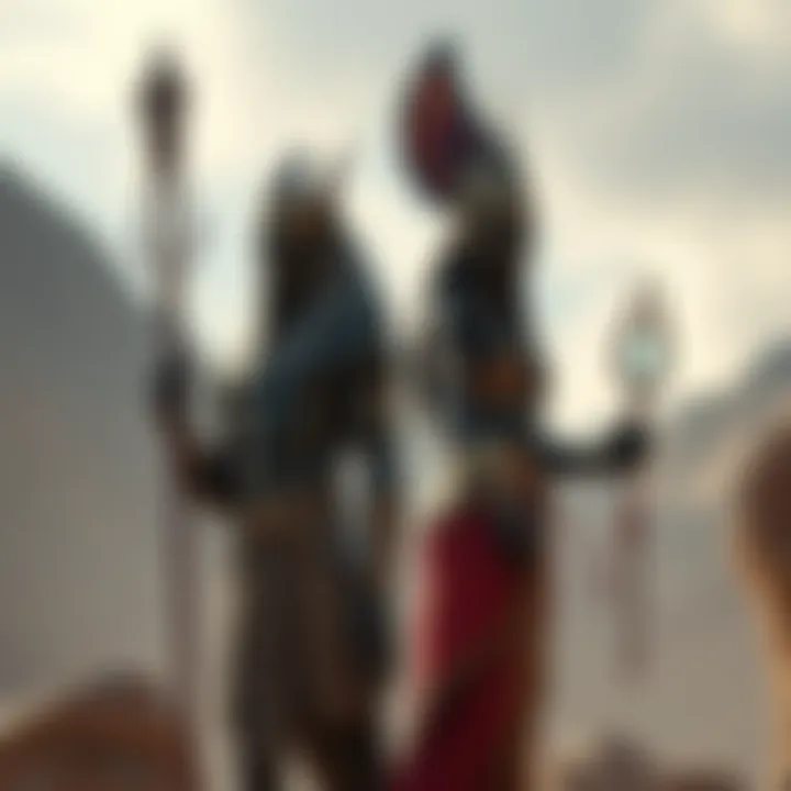 Begtse and Sekhmet in Mythology Artwork depicting the gods Begtse and Sekhmet standing in a dramatic pose, showcasing their distinct features and expressions in a mythical setting.