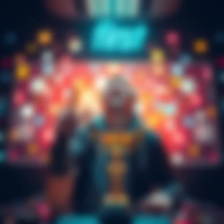 A person celebrating success in a digital environment with social media icons and a trophy symbolizing achievement.