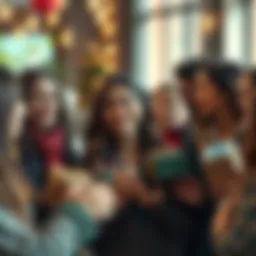 A young woman named Bella surrounded by friends who are giving her gifts and support, smiling and looking appreciative.