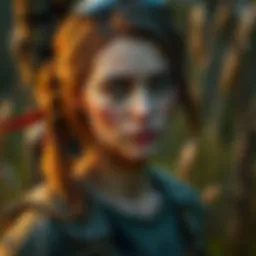 Bella Ramsey as Ellie Bella Ramsey dressed as Ellie from The Last of Us, showcasing her makeup and costume details in a natural setting, emphasizing her character's individuality.