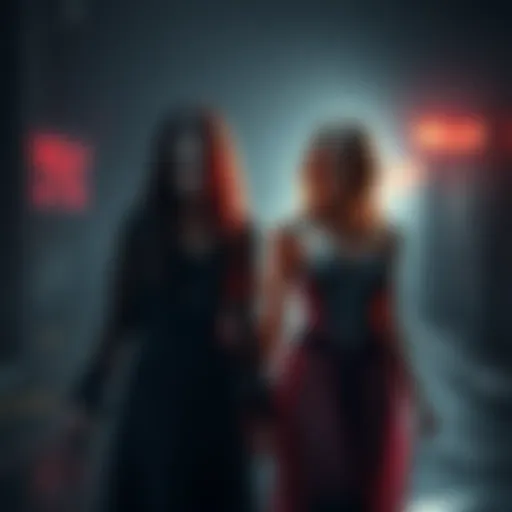 Two characters known as Bella Sisters, with a beautiful but scary appearance, standing ominously in a dark game setting.