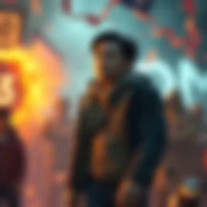 Beloved character in shock A well-known character standing still with a blank expression during a traumatic scene, surrounded by chaos and confusion.