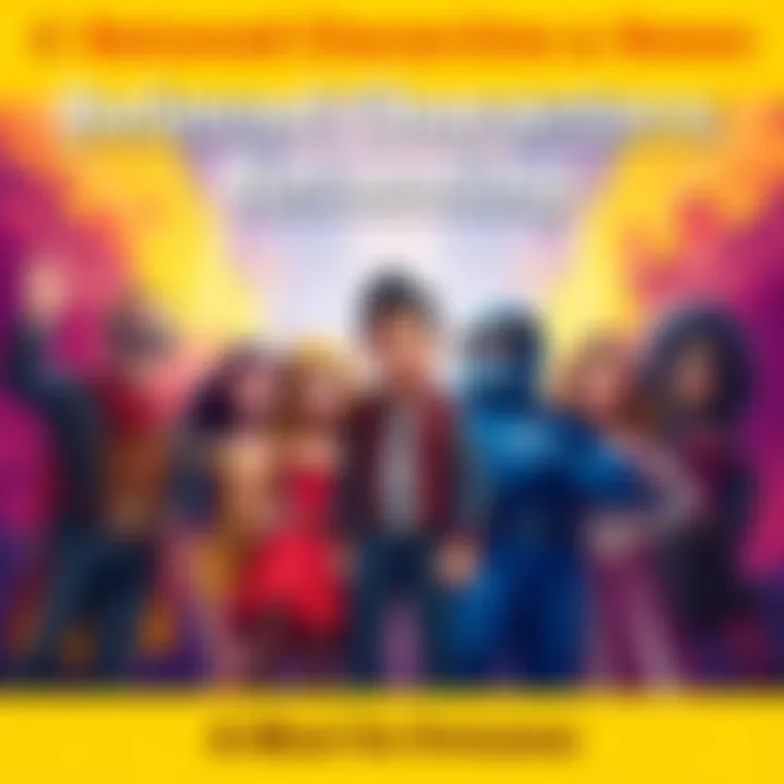 A group of iconic characters from popular culture standing together, smiling and looking excited about their comeback, against a vibrant background of cheering fans.