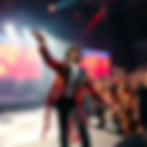 A pop performer with colorful attire passionately singing on stage, engaging with a cheering crowd.