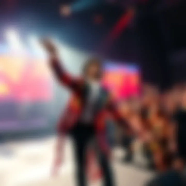 Beloved performer on stage A pop performer with colorful attire passionately singing on stage, engaging with a cheering crowd.