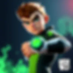 A cartoon character resembling Ben 10, showcasing the Omnitrix device on his wrist, ready for action.