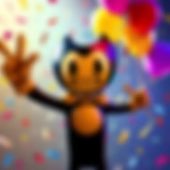 Bendy 9th Anniversary Sale Banner Bendy character celebrating with confetti and balloons for its 9th anniversary sale on Steam