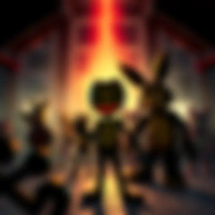 Bendy and Five Nights at Freddy's cover art A dark, eerie scene featuring Bendy from Bendy and The Ink Machine alongside creepy animatronic characters from Five Nights at Freddy's in a game environment.