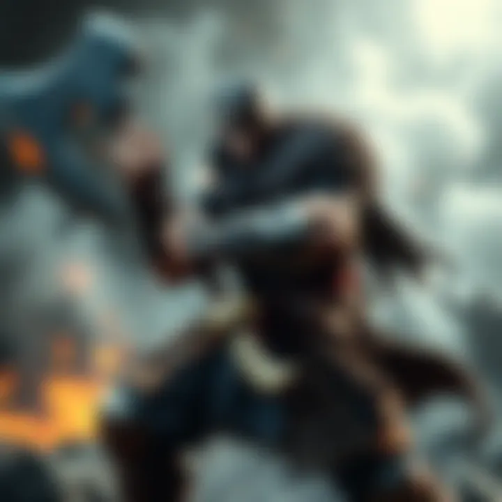 A fierce Berserker class character wielding a large axe in a battle stance, showcasing power and readiness for combat.