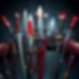A collection of various bleed weapons from Souls games displayed together, showcasing swords and daggers with a bloody theme.