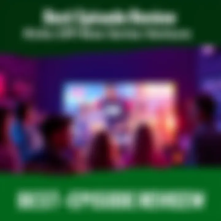 A scene featuring a TV screen displaying a popular show episode with excited fans discussing it,