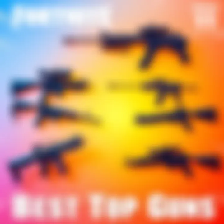 Various Fortnite guns displayed with a vibrant background, highlighting their features and styles