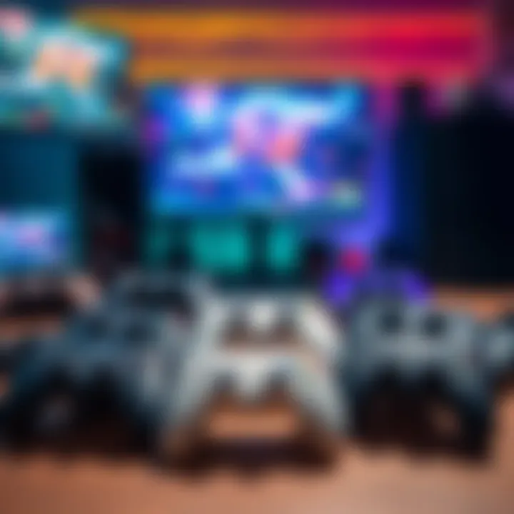 Various PC game controllers arranged on a table with a gaming setup in the background