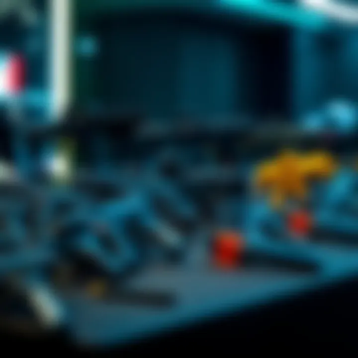 Different types of submachine guns arranged on a table, showcasing their designs and features.