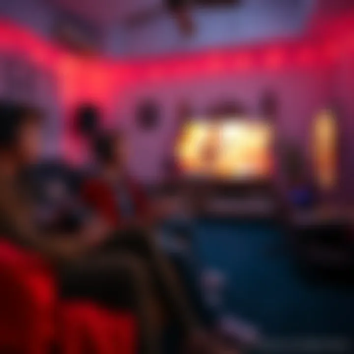 A group of new players sitting together, playing a Call of Duty game on a couch, focused on the screen and enjoying the experience. The room is filled with gaming gear and snacks.