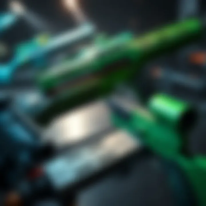 A display of green and blue weapons suitable for early-game players in a game setting.