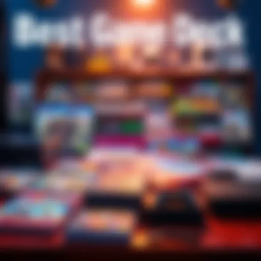 A colorful display of popular video games with game covers and consoles on a table