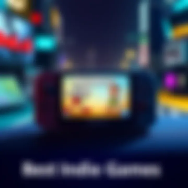 A handheld console displaying indie games like Cuphead and Blasphemous with bright graphics