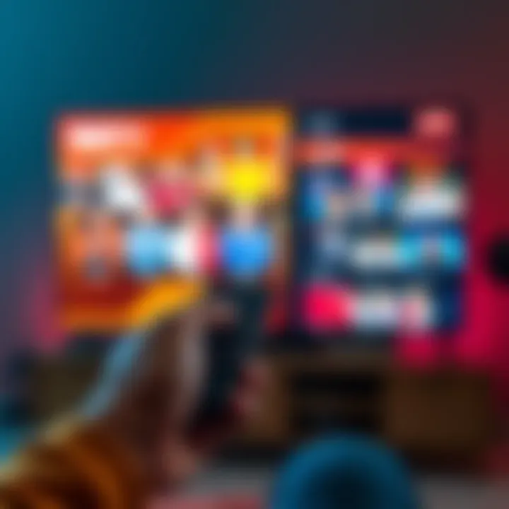 BEST IPTV Service Review A person using a remote control to watch TV, displaying a bright screen with multiple channel options, symbolizing the features of BEST IPTV service.