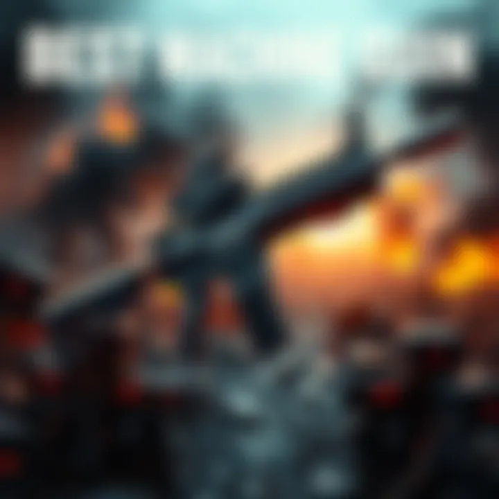 A powerful machine gun displayed against a backdrop of an intense battlefield scene, showcasing its rugged design and functionality.