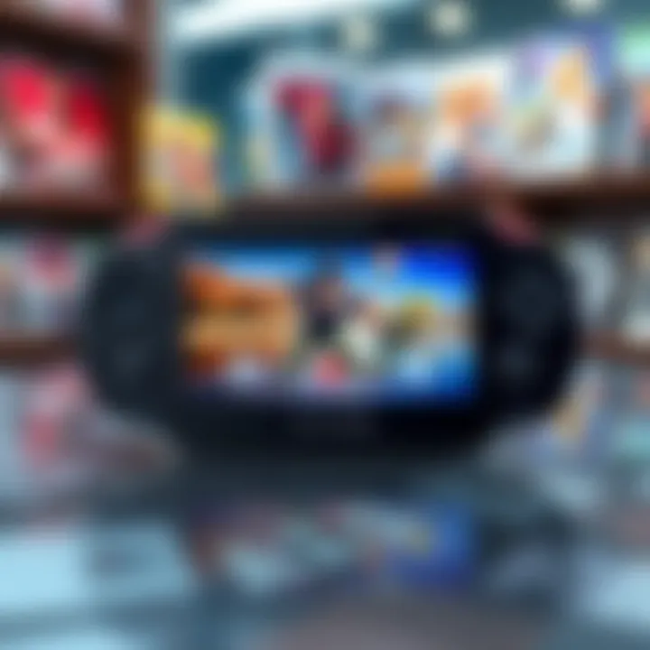 A collection of popular PS Vita game covers displayed on a table with a handheld console in the background