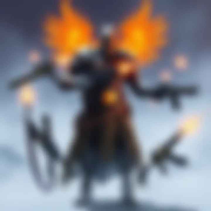 A Titan Guardian in Destiny 2 equipped with Phoenix Cradle armor, holding Sunshot, surrounded by various legendary weapons, showcasing synergy in gameplay.