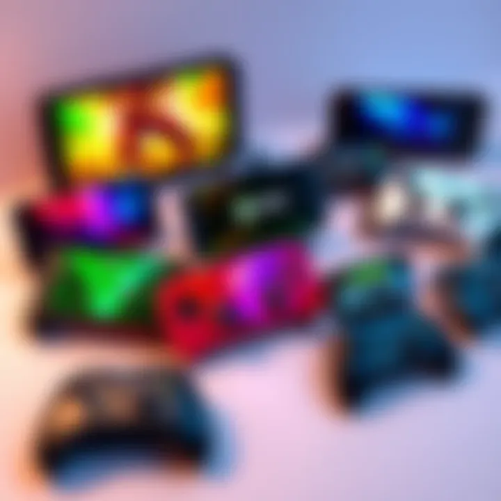 A selection of Xbox cloud streaming handheld devices with vibrant screens and game controllers, showcasing various models and features, ideal for gaming on the go.