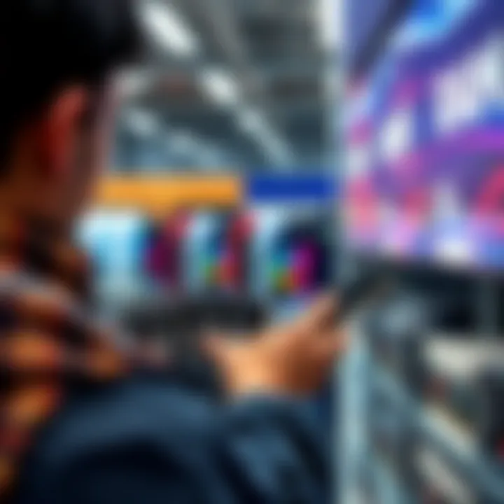 A customer examining RAM products on display in a Bestbuy store