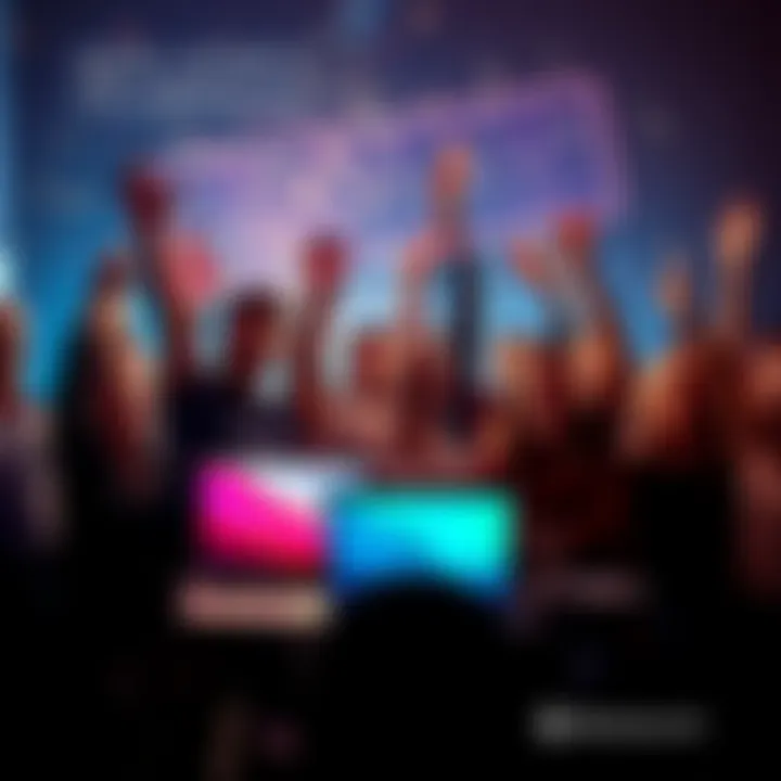 A group of people celebrating the beta launch with laptops and excitement