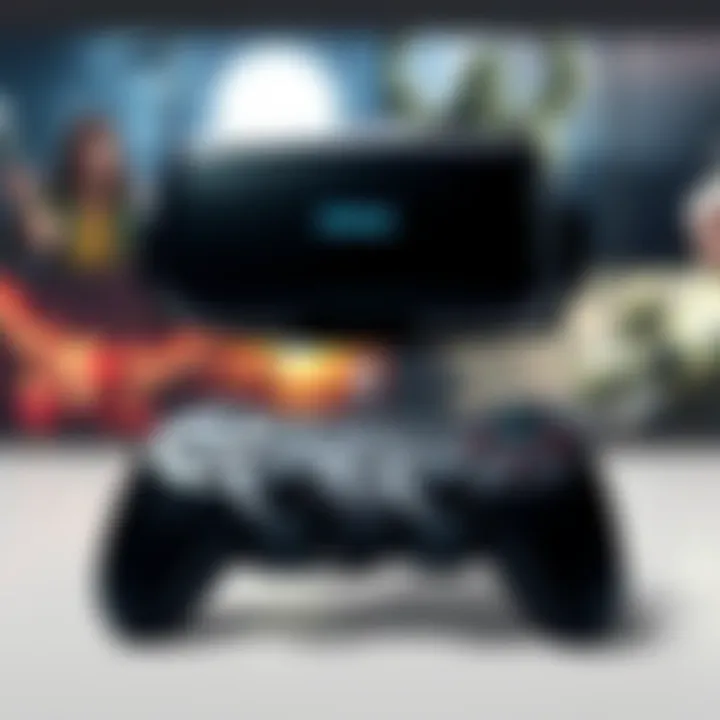 A virtual reality headset with a gaming controller and imagery from popular Bethesda games like Fallout and Skyrim in the background