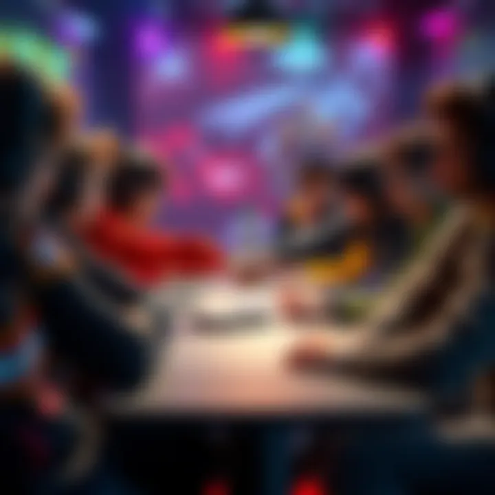 A group of gamers sitting at a table, two players shake hands while others look on with suspicion, symbolizing betrayal and false alliances.