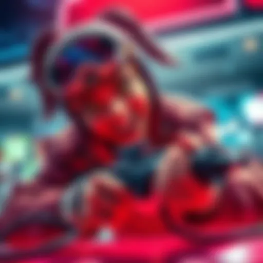 A character using the Bettina while performing a funny facecheck reminiscent of the Three Stooges, showcasing an intense gaming moment.