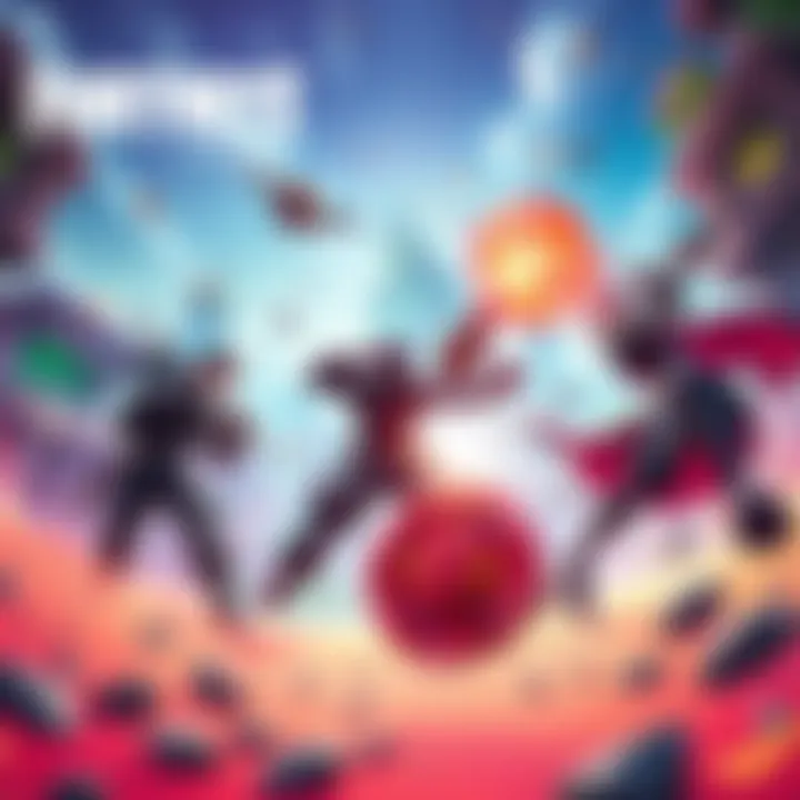 A vibrant scene showing Beyblade X characters battling in Fortnite's colorful world. The game environment features dynamic elements and action-packed gameplay.