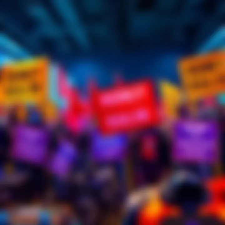 A group of gamers holding banners advocating for emulator access in BGMI, with gaming equipment visible in the background.