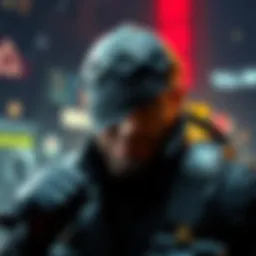 Big Boss character in a video game Big Boss character in action with a campy background